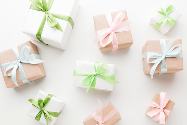 Top view of presents with ribbons and bows