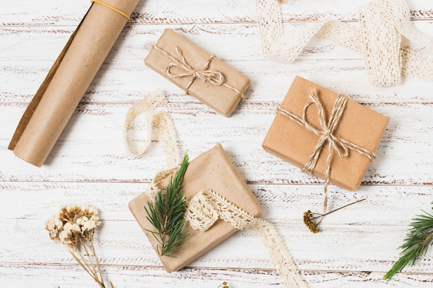 Top view of presents with wrapping paper