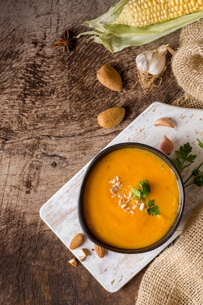 Top view pumpkin soup bowl