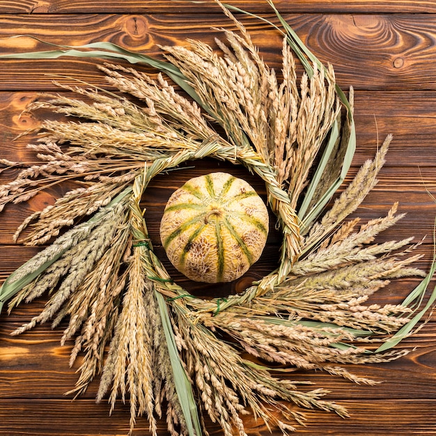 Top view pumpkin and wheat on wooden background