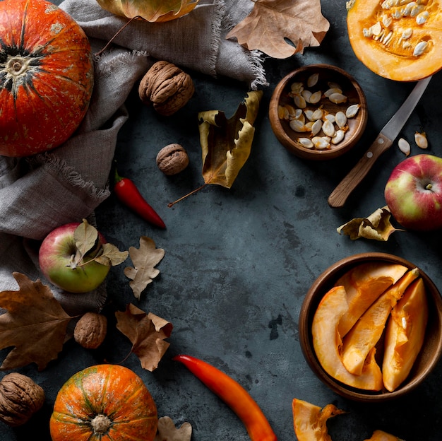 Top view pumpkins and apples arrangement