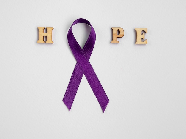 Top view purple ribbon with letters