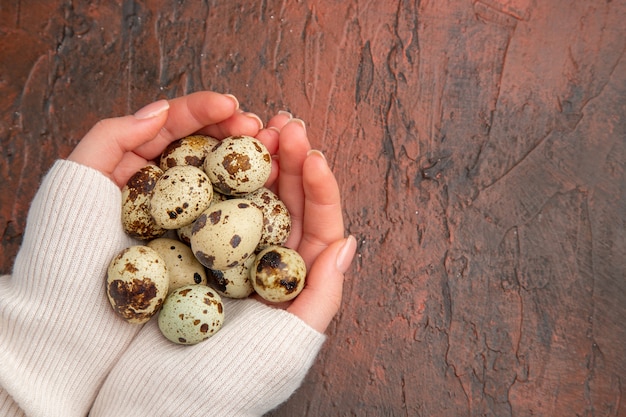 Free photo top view quail eggs in female hands on dark table