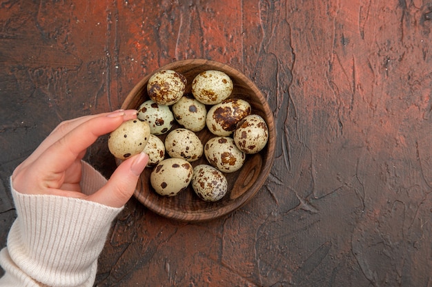 Vista dall'alto uova di quaglia all'interno del piatto sul tavolo scuro foto cibo per uccelli pollo vita sana colore femminile