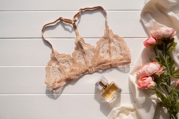 Top view quality female bra still life