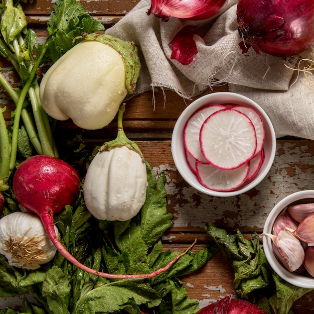 Top view of radishes with onion