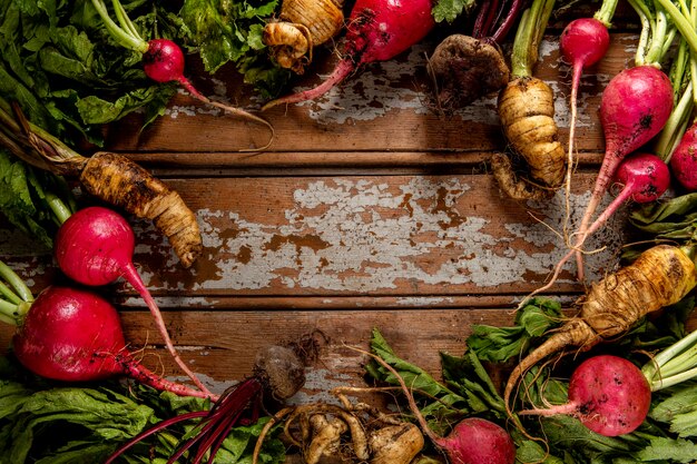 Top view of radishes with veggies