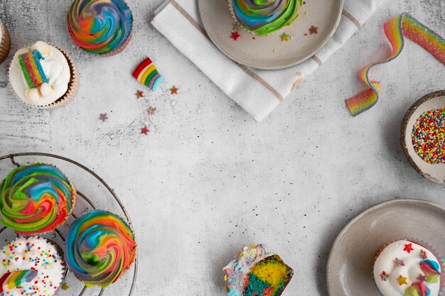 Top view rainbow cupcakes still life