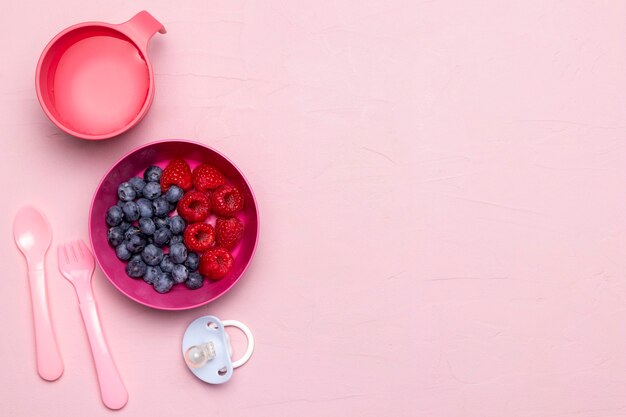 Top view of raspberries and blueberries for baby food with copy space