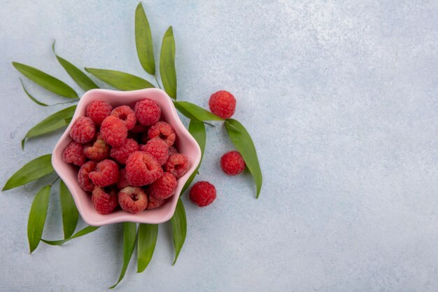 Top view of raspberries in bowl with leaves around on white surface