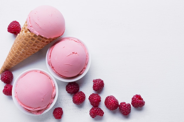 Top view of raspberries ice cream
