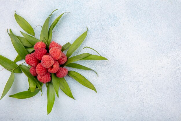 Top view of raspberries with leaves around on white surface