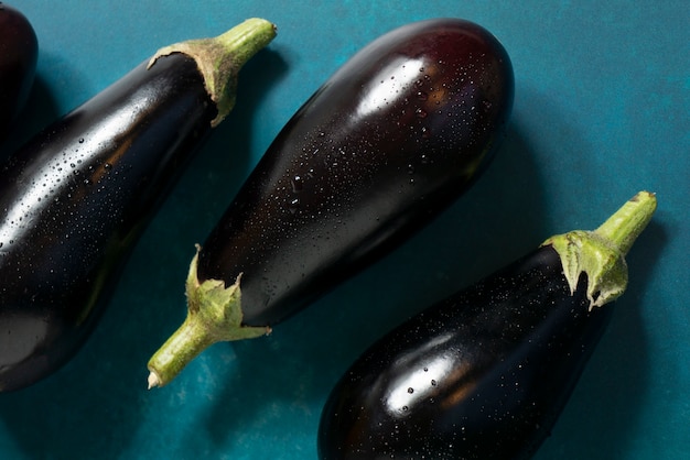 Free photo top view raw eggplants still life