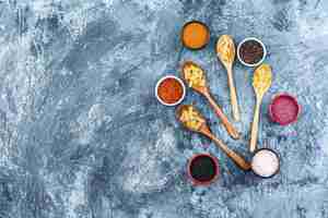 Free photo top view raw pasta in wooden spoons with spices on grey plaster background. horizontal