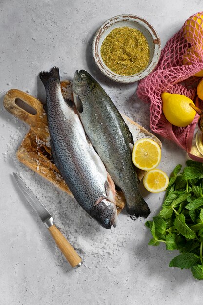 Top view raw trout still life