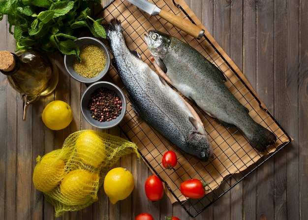 Top view raw trout still life