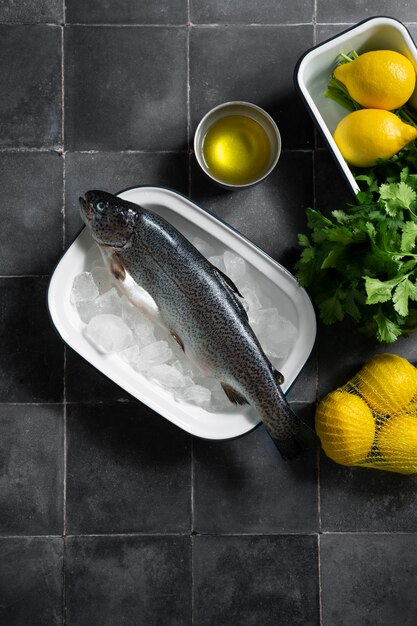 Top view raw trout still life