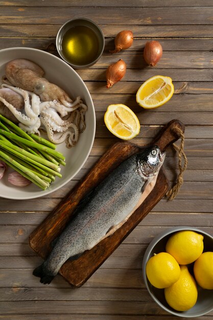 Top view raw trout still life