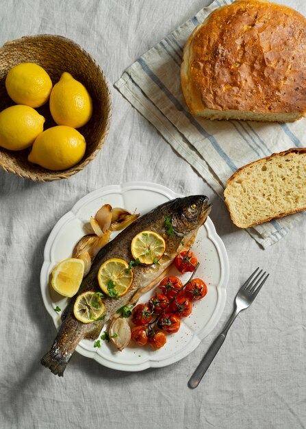 Top view raw trout still life