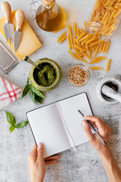 Top view on recipe book still life concept