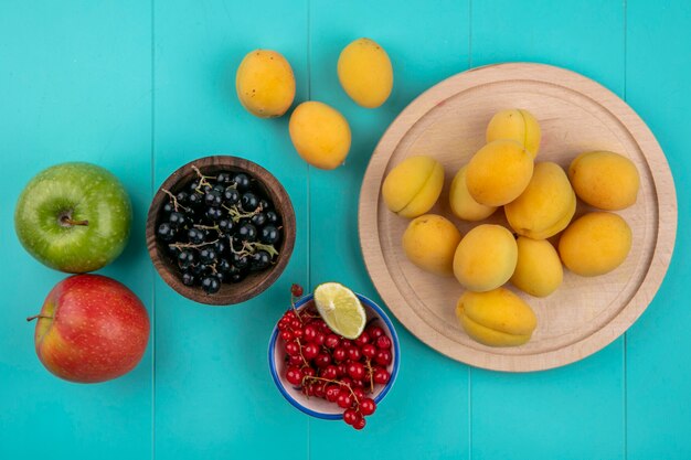 Top view of red and black currants in a bowl with apricots on a stand and apples on a blue surface