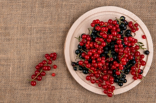 Free photo top view red and black currants on a plate on a beige napkin