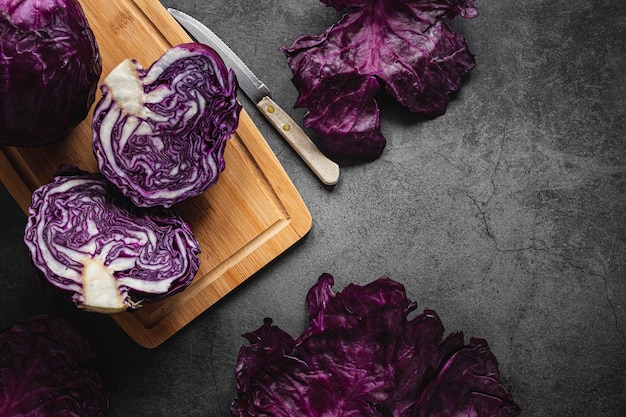 Top view red cabbage on cutting board