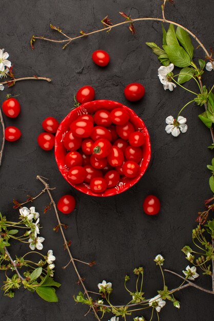 top view red cherry tomatoes around white flowers on the grey floor