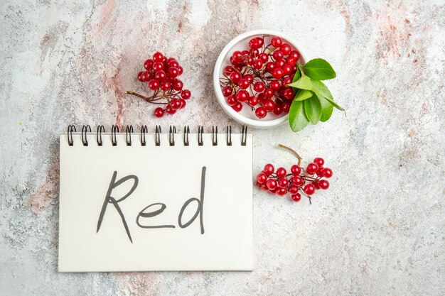 Вид сверху красная клюква с красным письменным блокнотом на белом столе свежие ягодные красные фрукты