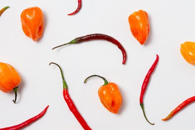 Top view red hot chili peppers with white background