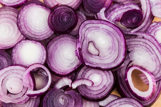 Top view red onion slices closeup 