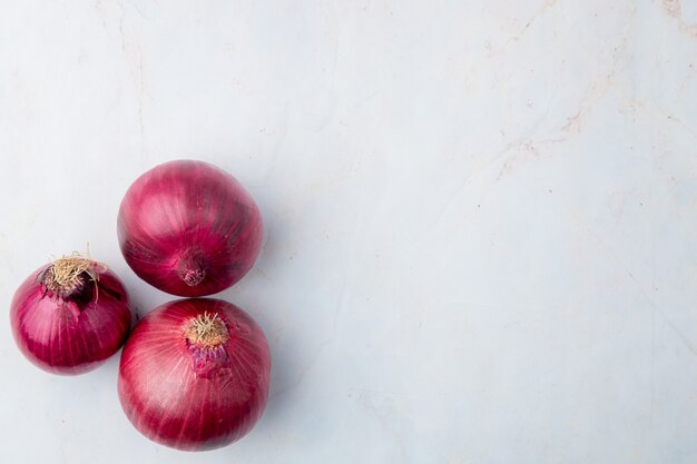 Top view of red onions on left side on white background with copy space