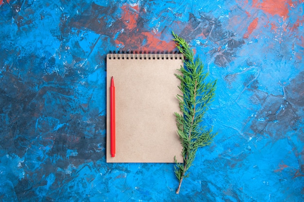 Free photo top view red pencil on a notebook pine tree branch on blue surface free place