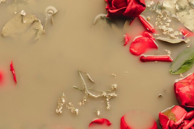 Top view red roses and petals in brown colored water