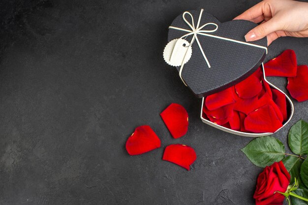 Top view red roses with rose petals as a present for valentines day on a dark background woman color feeling heart passion couple love free space