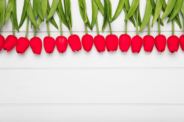 Free photo top view red tulips aligned on table