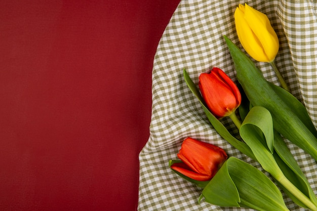 Top view of red and yellow color tulips on plaid fabric on red table with copy space