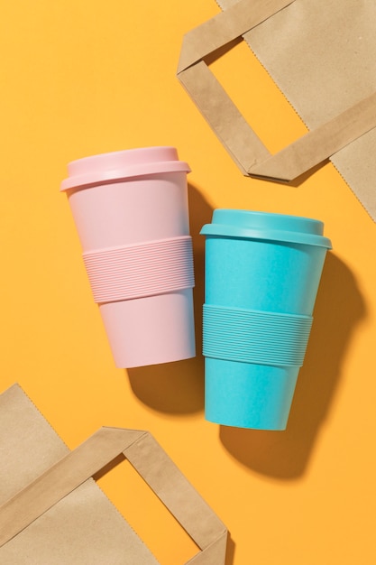 Top view reusable cups on the table