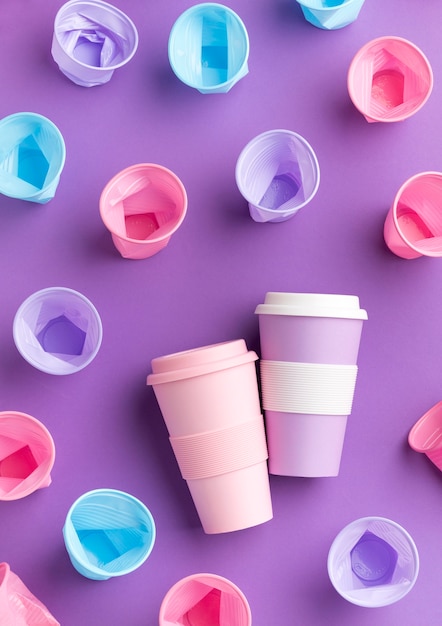 Top view reusable cups with plastic cups