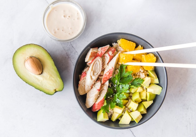 Top view rice bowl with chopsticks 