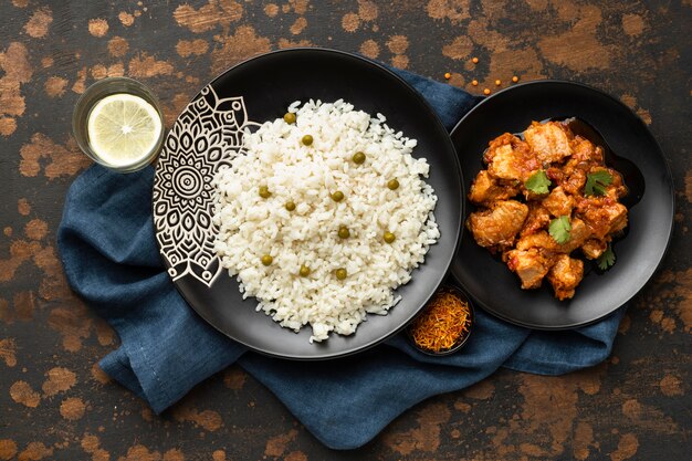 Top view rice and meat dishes