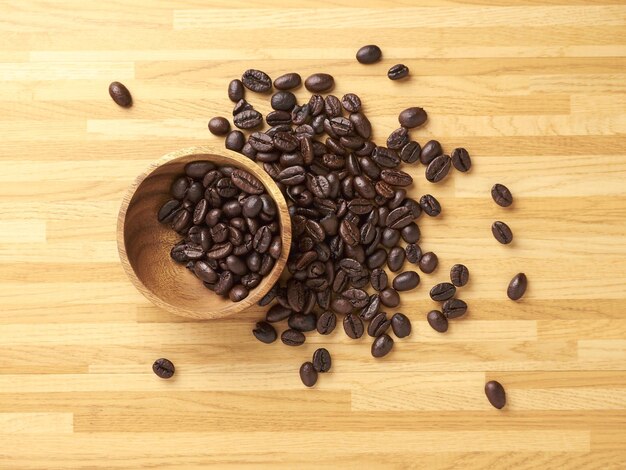 Top view of roasted coffee beans on a table