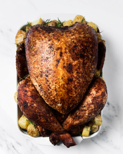 Top view roasted turkey on tray