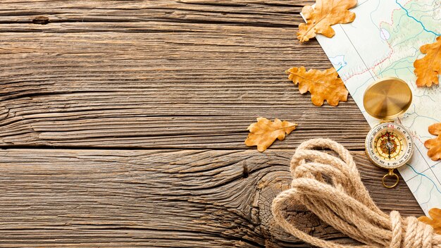 Top view rope and autumn leaves