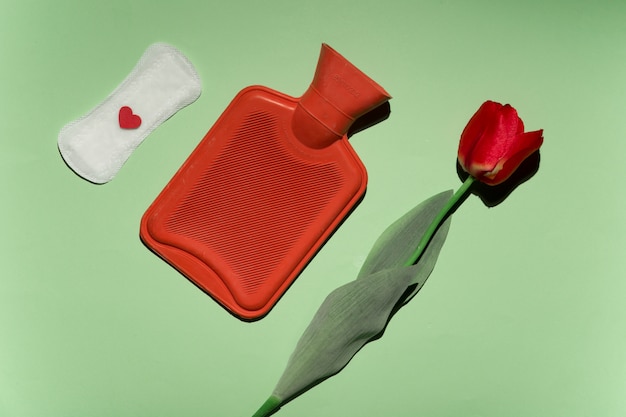 Free photo top view rose, hot water bag and sanitary towel