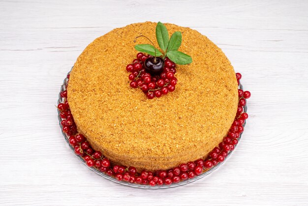 A top view round honey cake delicious and baked with red cranberries on the light desk cake biscuit sugar  photo