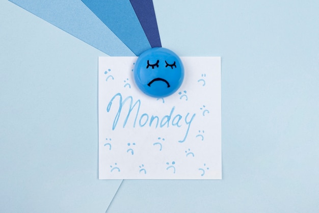 Top view of sad face with sticky note for blue monday