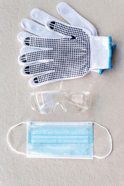 Top view safety construction gloves and medical mask