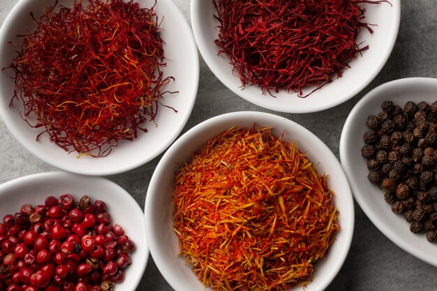 Top view saffron and other spices still life composition