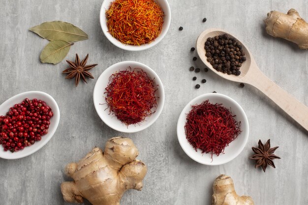 Top view saffron and other spices still life composition